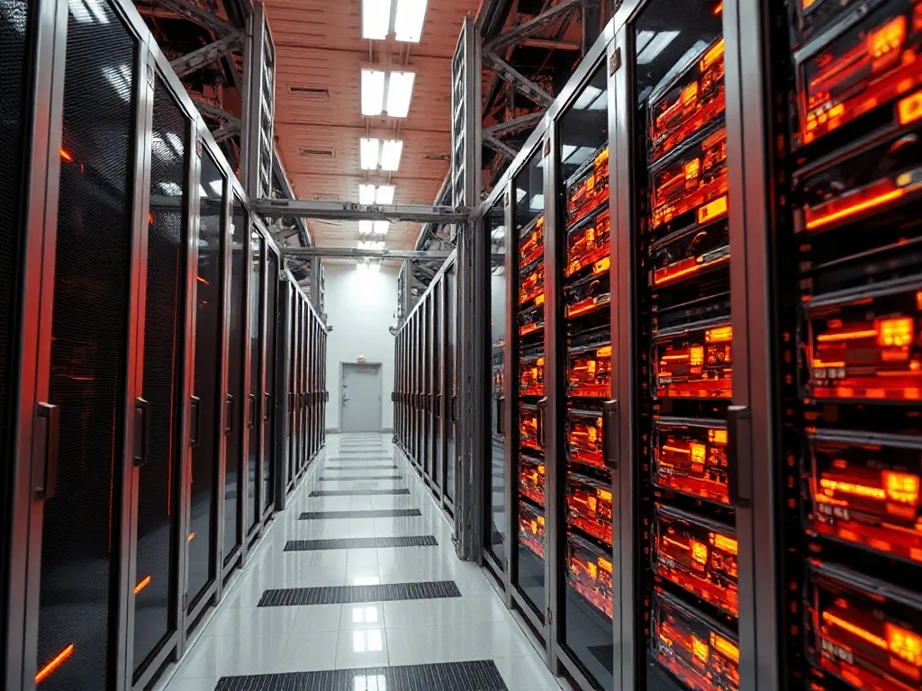 A high-tech laboratory with server racks and futuristic proc